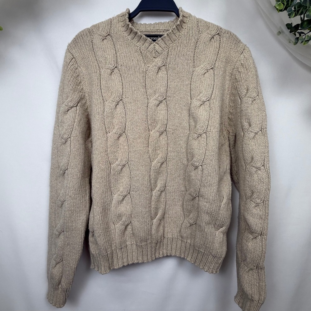 Abercrombie & Fitch Mens XL Lambswool Cotton Cable Knit V-Neck Sweater Beige